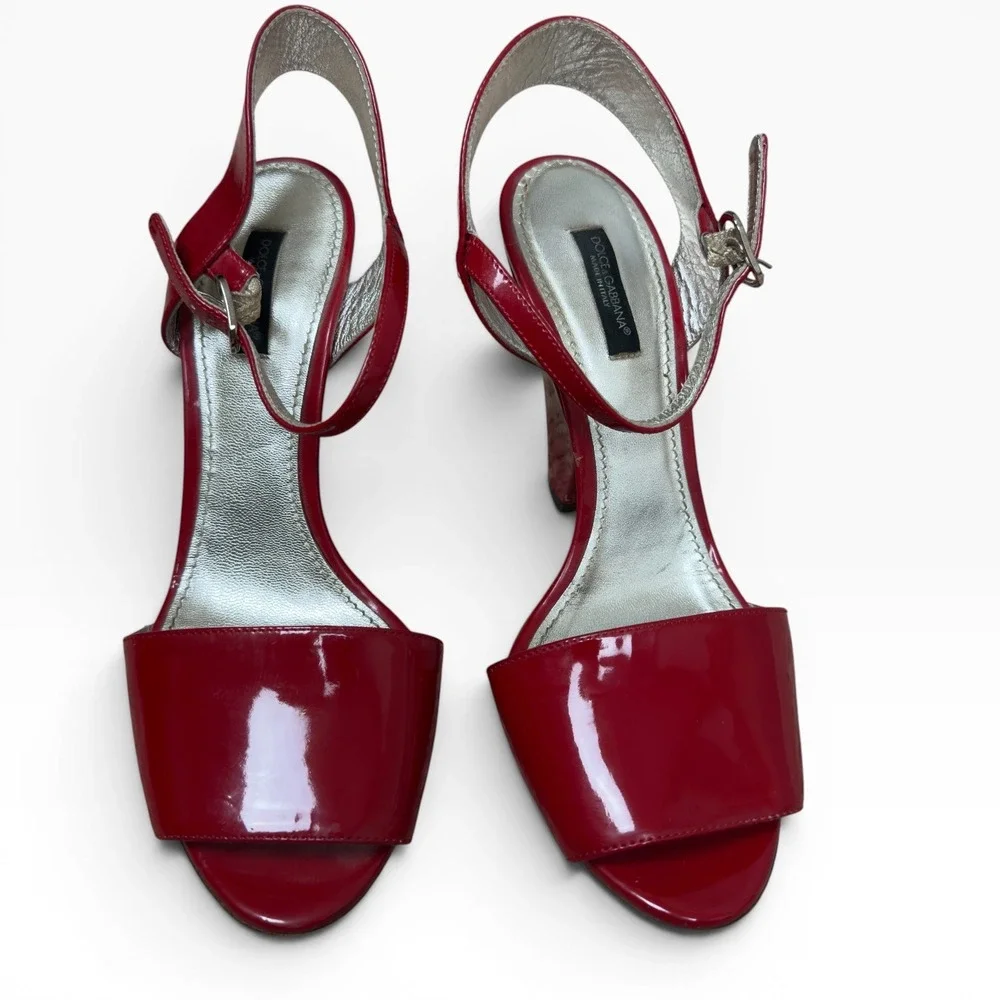 Dolce & Gabbana Sandals Womens 37.5 Red Patent Leather Peep Toe Cone Heel Italy